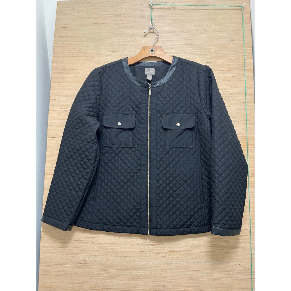 Chicos Black Quilted Zip Front Jacket Faux Leather Trim Size 2 Large Womens